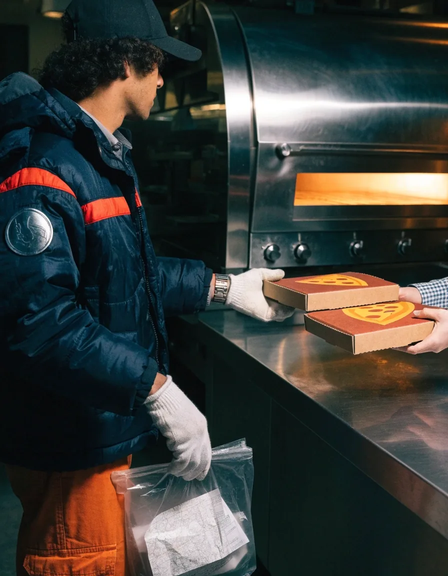 Delivery driver collecting pizza boxes from the pass for an evening run