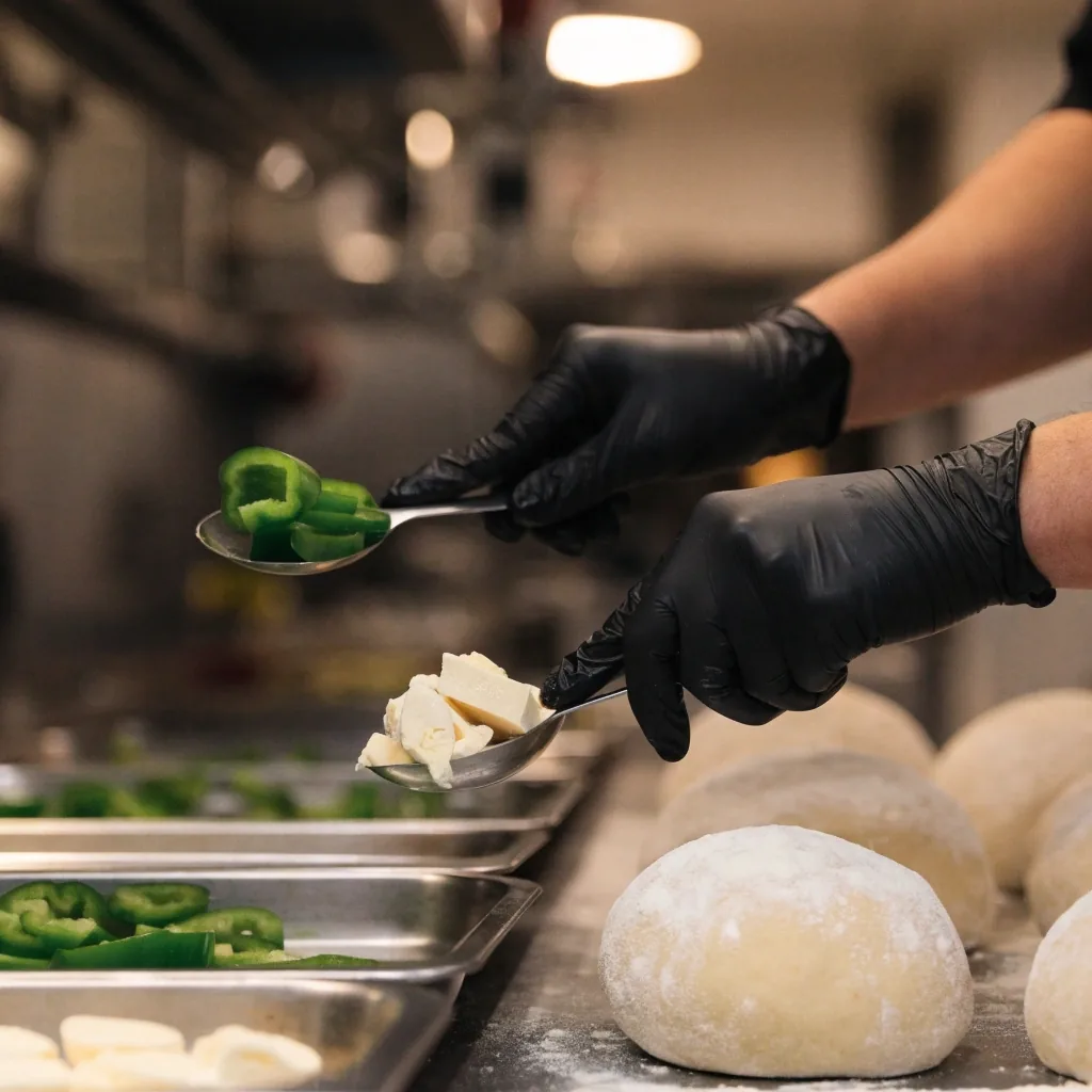 Hands stretching fresh pizza dough on a floured bench beside topping bowls