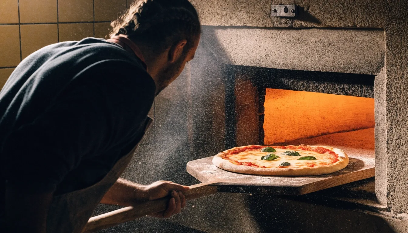 Pizzaiolo placing a fresh pizza into a hot stone oven in a Fireaway kitchen
