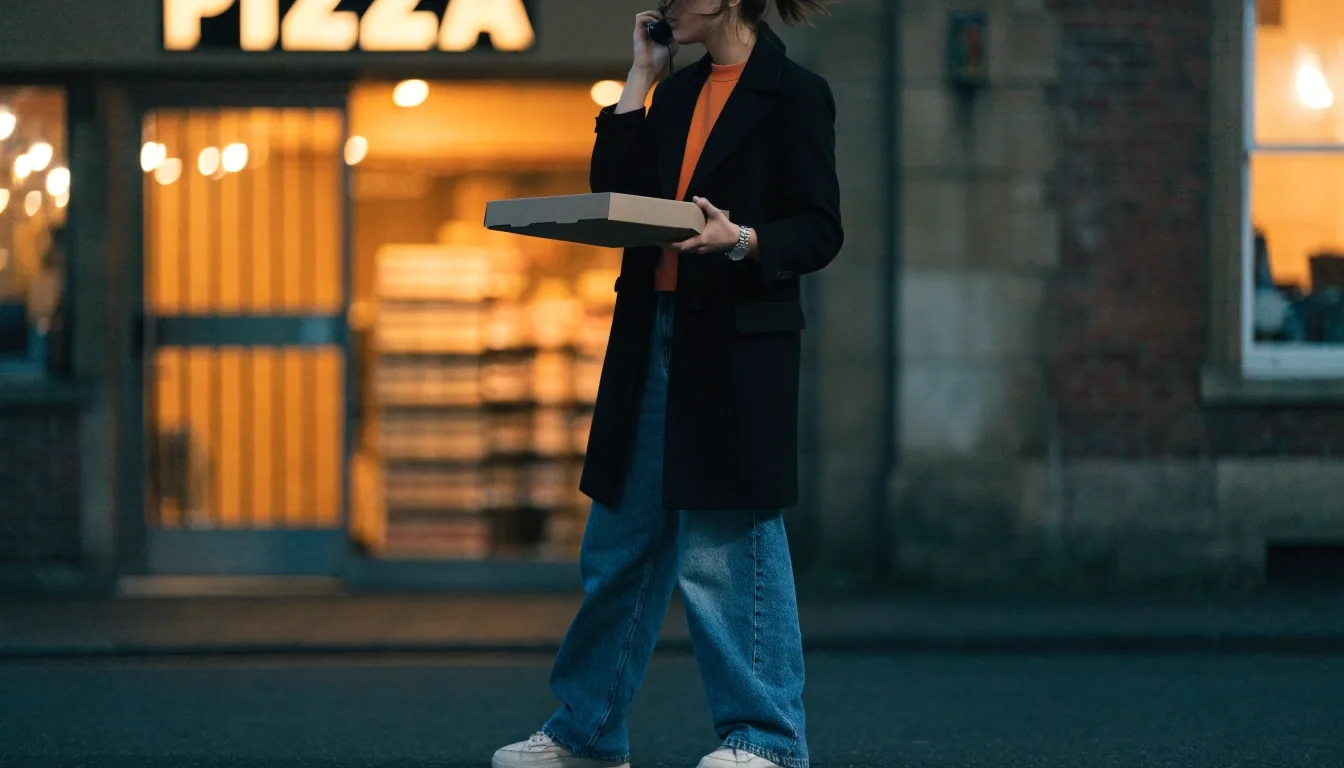 Evening pizza collection outside a Croydon shopfront