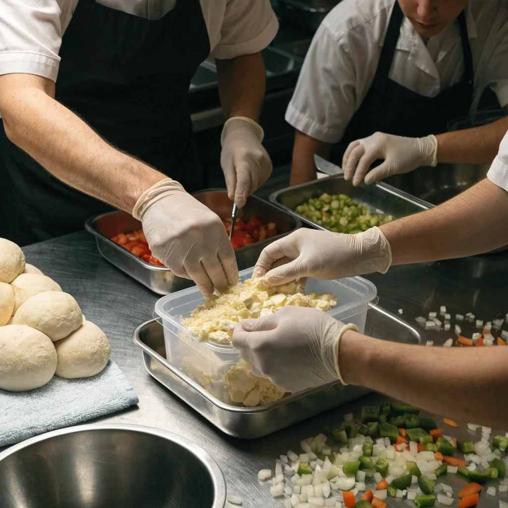 Fresh ingredients prepared in a shared pizza kitchen