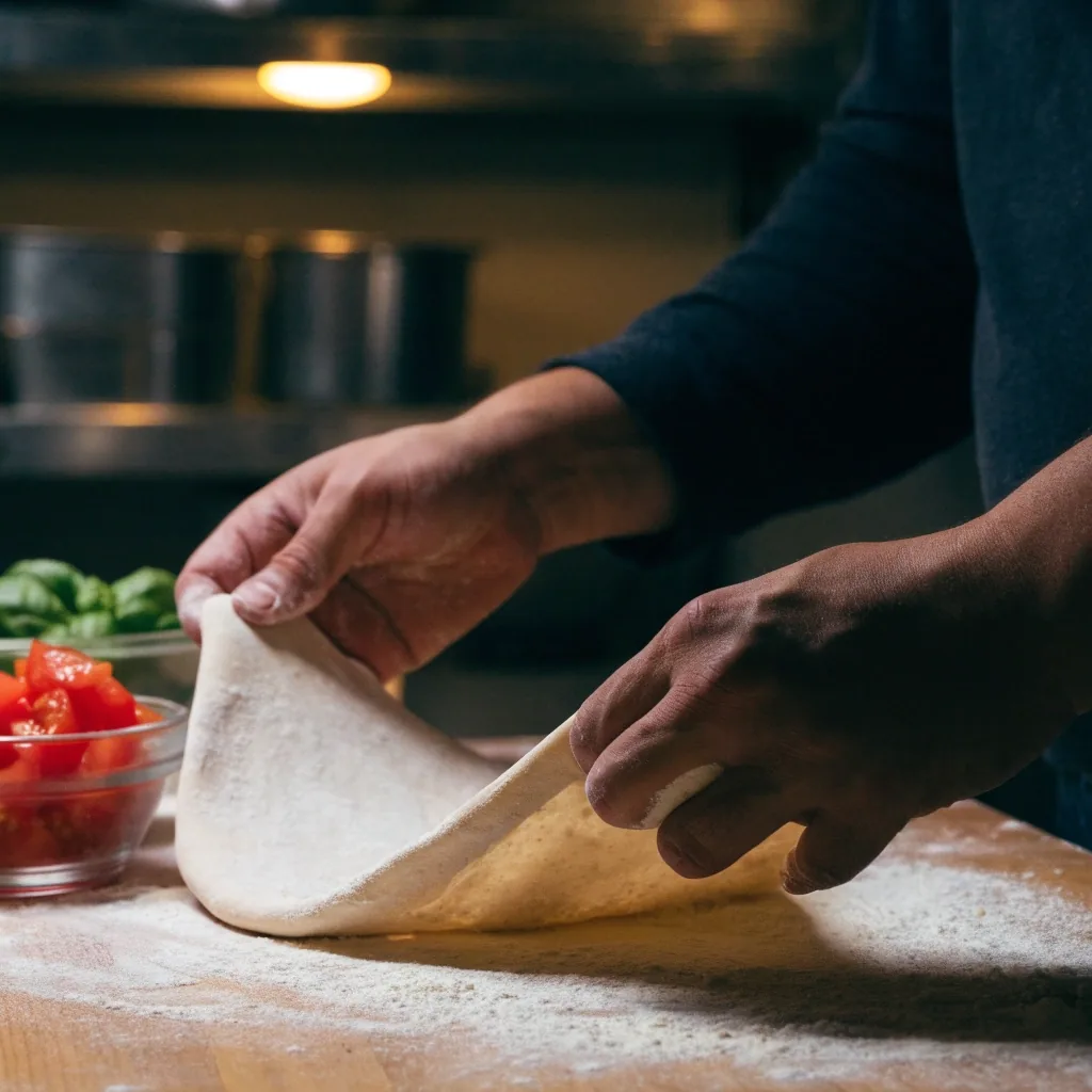 Fresh dough being stretched by hand in the Croydon kitchen