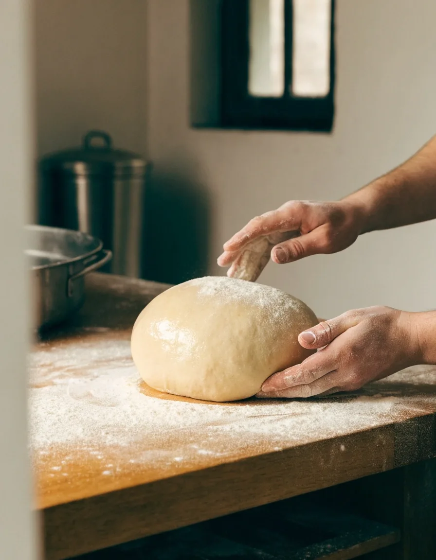 Hands stretching fresh pizza dough on a wooden bench