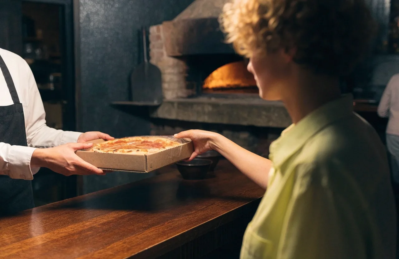 Collecting a fresh pizza from the counter