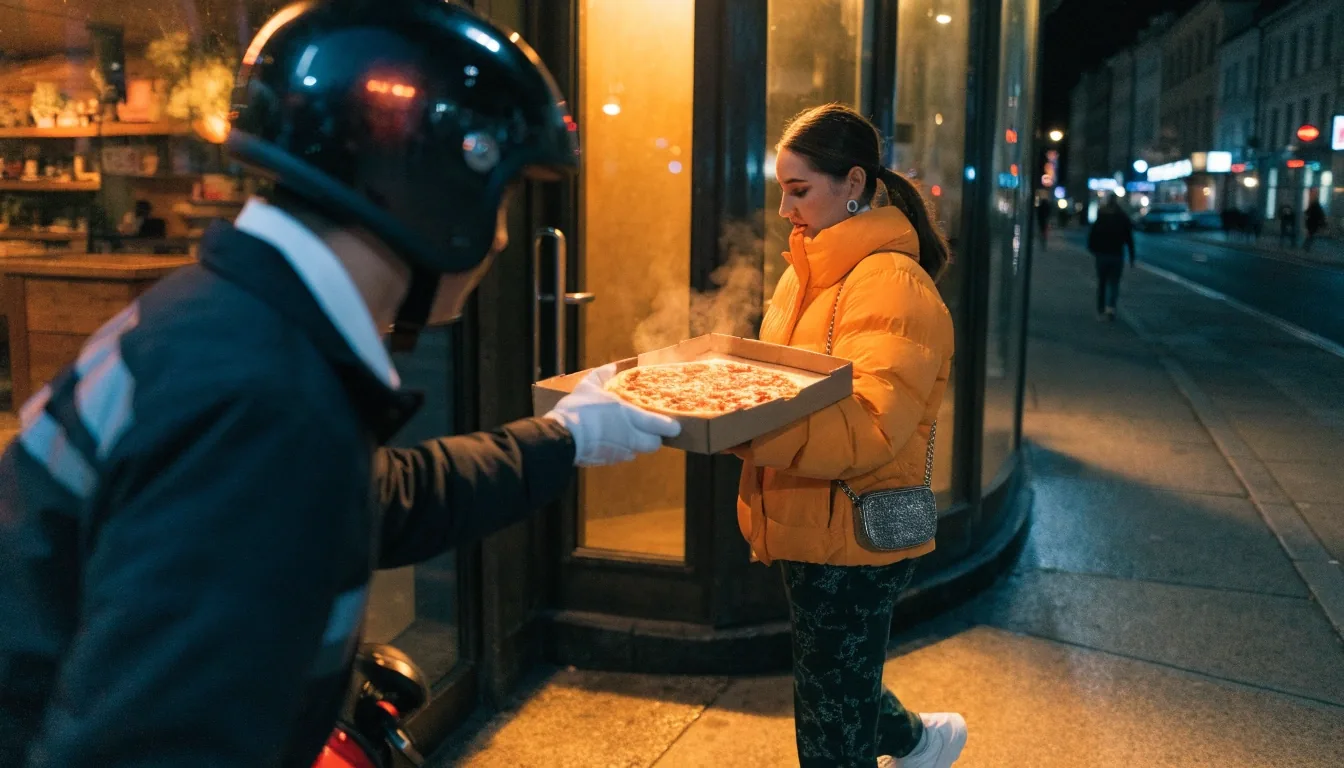 Late-night Fireaway pizza delivery at the shop doorway
