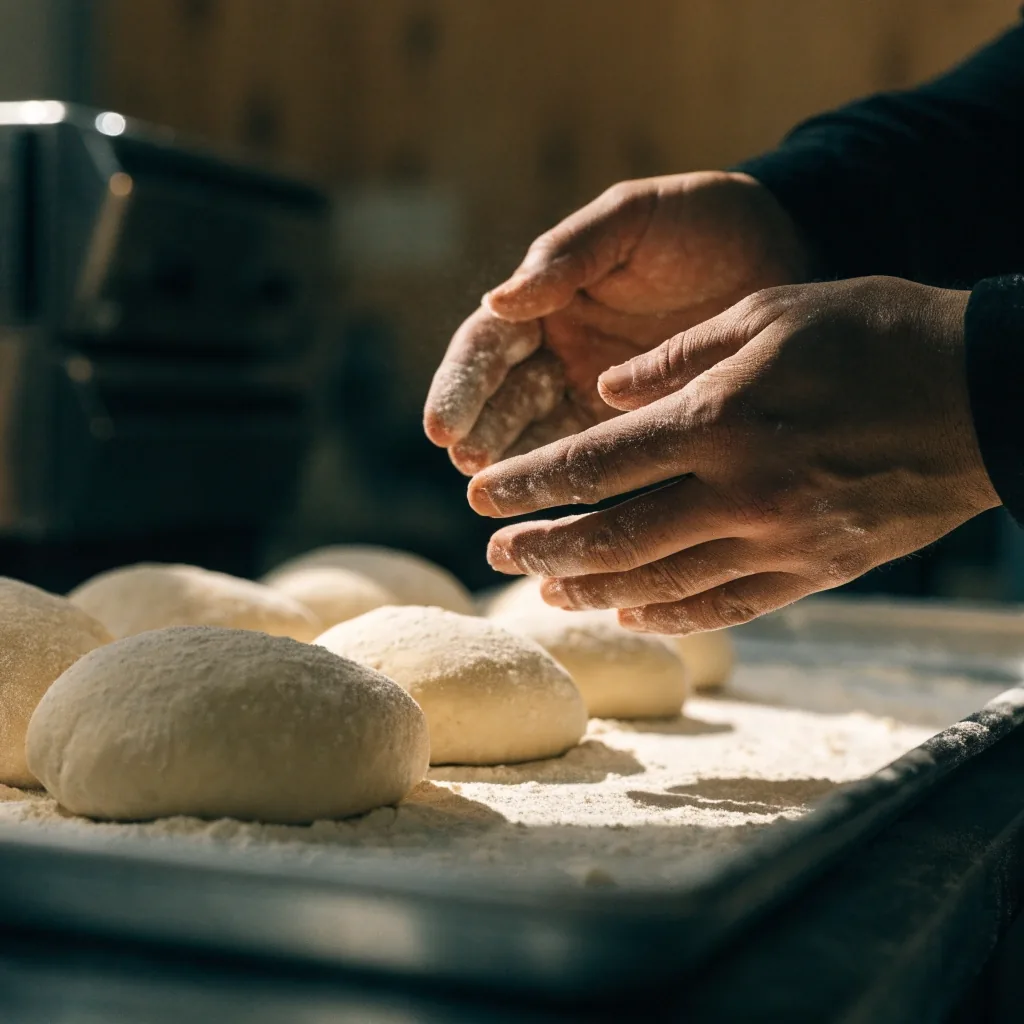 Fresh dough balls resting before stretching