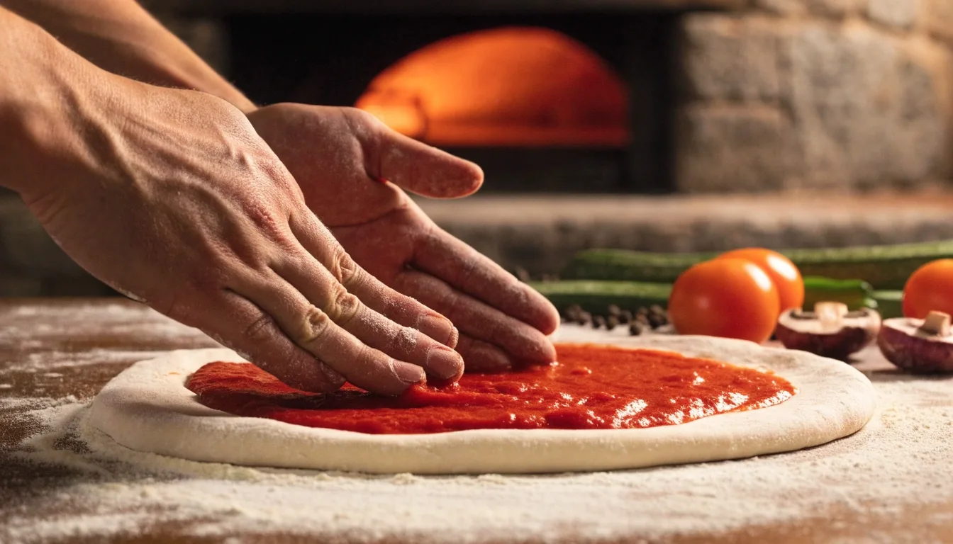 Pizza being topped to order in front of a hot oven