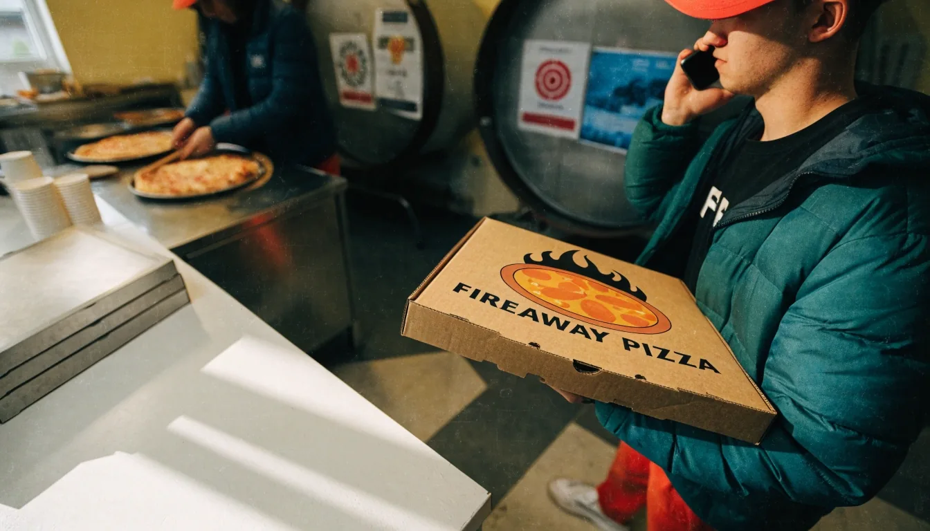 Collection counter at a Fireaway Pizza store in the evening