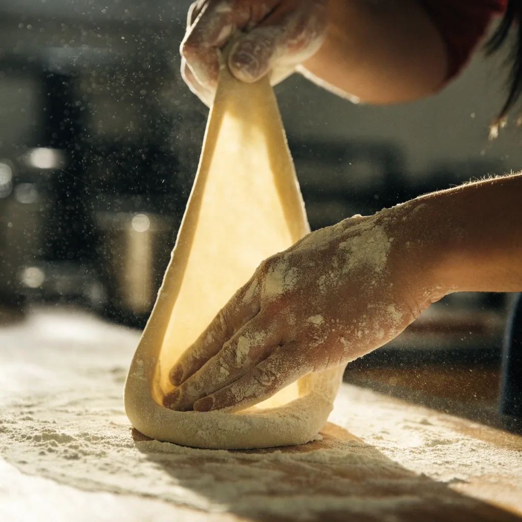 Fresh dough being stretched by hand for a Fireaway Pizza base
