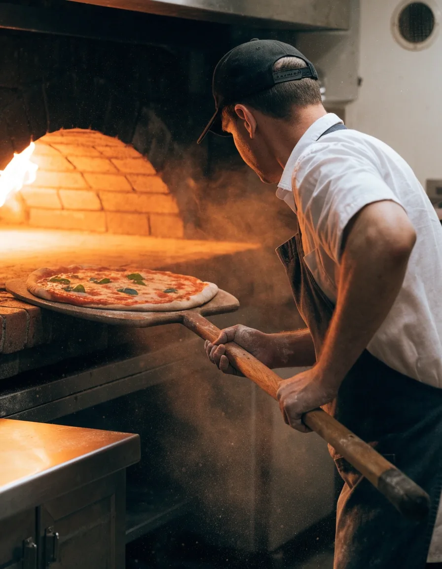 Pizzaiolo placing a fresh pizza into the oven in the Croydon kitchen