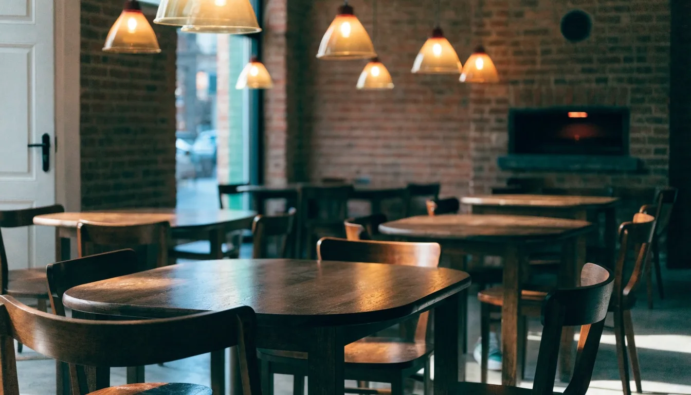 Calm dining room of a Fireaway Pizza shop in the daytime