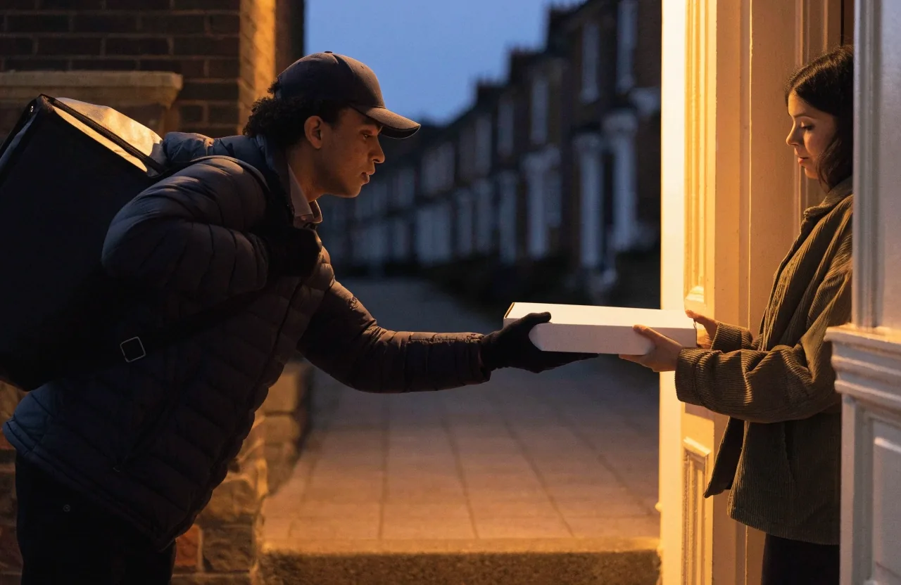 Evening pizza delivery at a home doorway