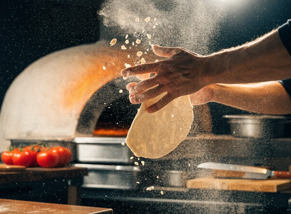 Fresh dough being prepared by hand in a pizzeria kitchen