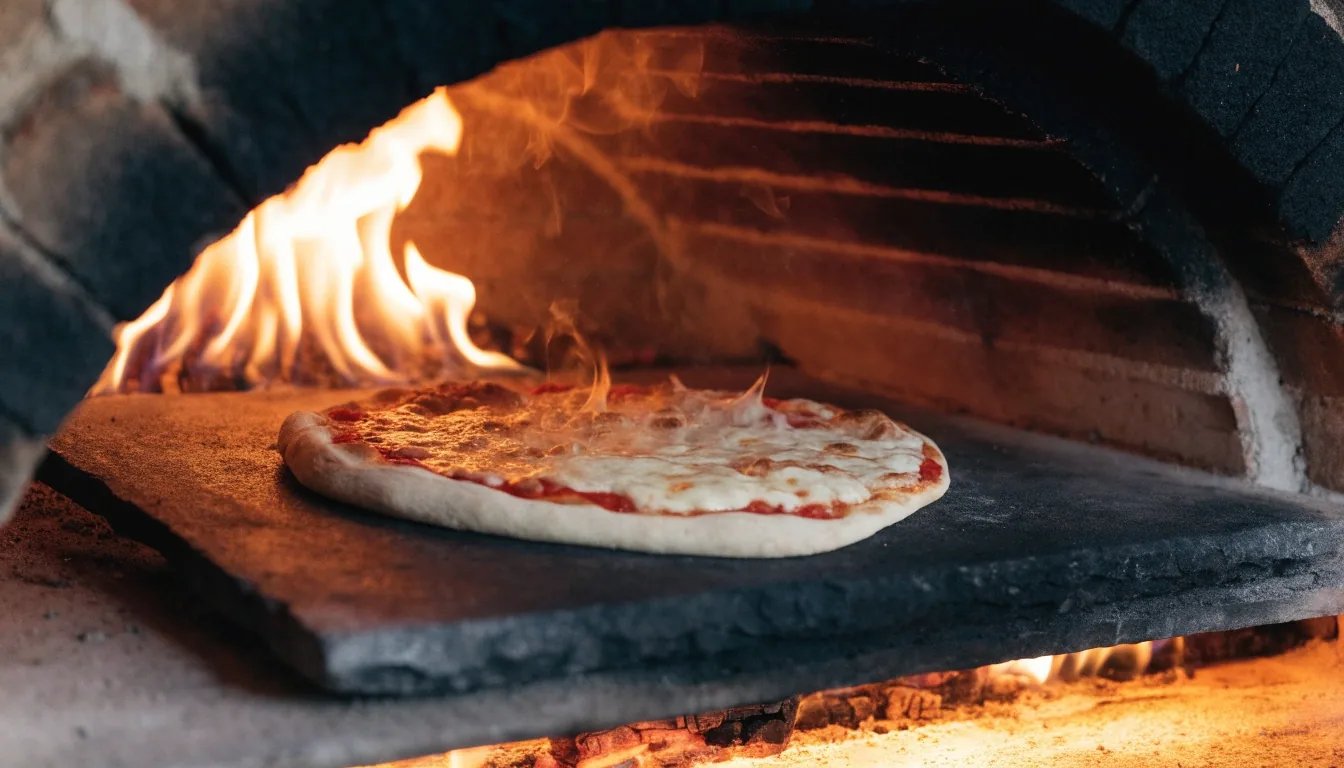 Pizza baking inside a wood-fired oven