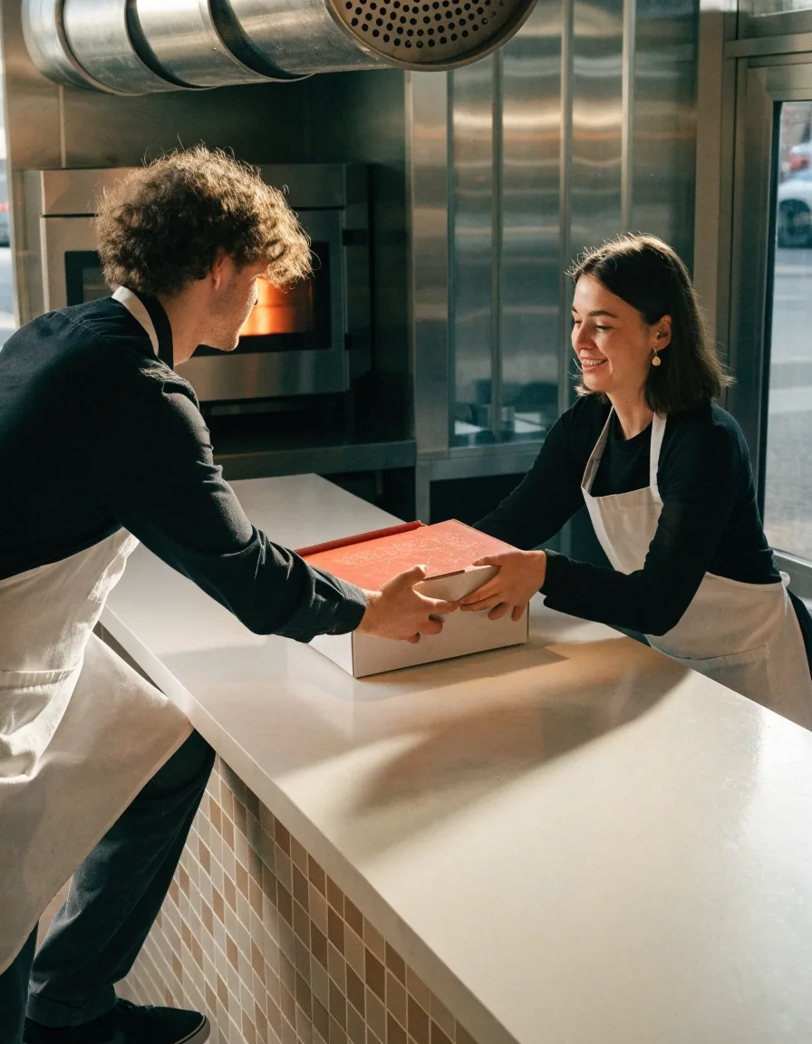 Staff serving a fresh pizza over the counter