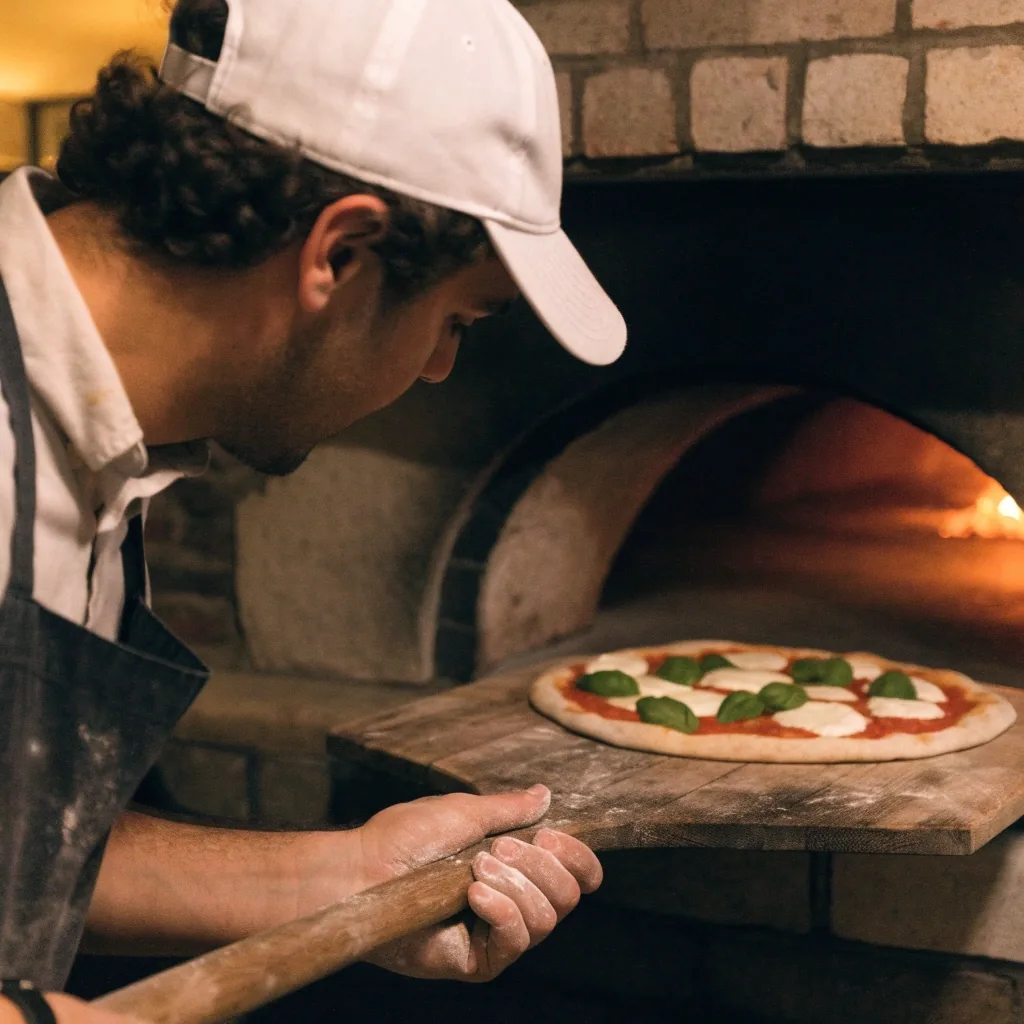 Pizza maker placing a pizza into a stone oven with a wooden peel