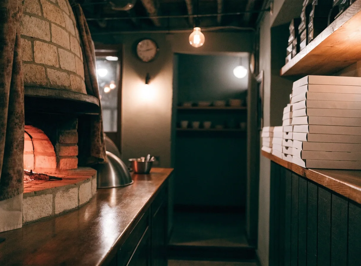 Warm interior of a neighbourhood pizza shop with oven and counter